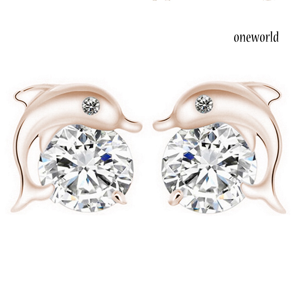 OW@ Cute Dolphin Silver Plated Cubic Zirconia Inlaid Ear Stud Women Earrings Jewelry