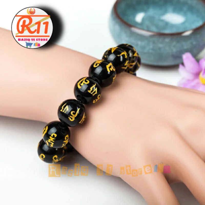 Gelang Batu Giok Mantra Budha Import 14mm