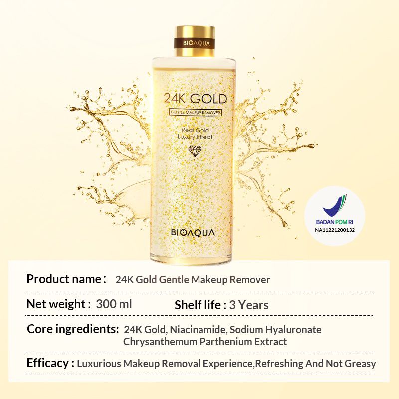 Bioaqua 24K Gold Gentle Makeup Remover Micellar Water 300ml / Serum Skincare 50ml / Essence Cream 50ml / Facial Cleanser 200ml