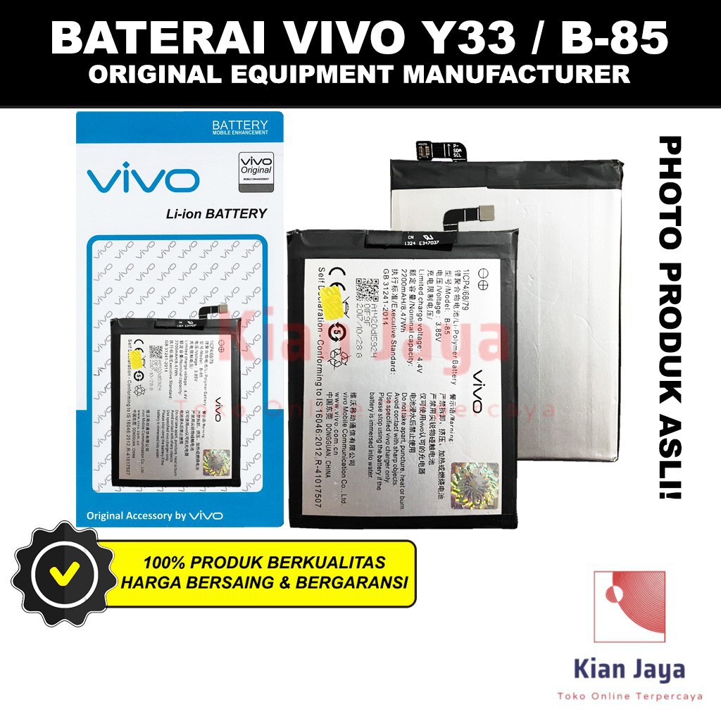 Baterai Vivo Y33 / B-85 Original OEM Batre Batrai Battery Hp Y 33 B85 Ori