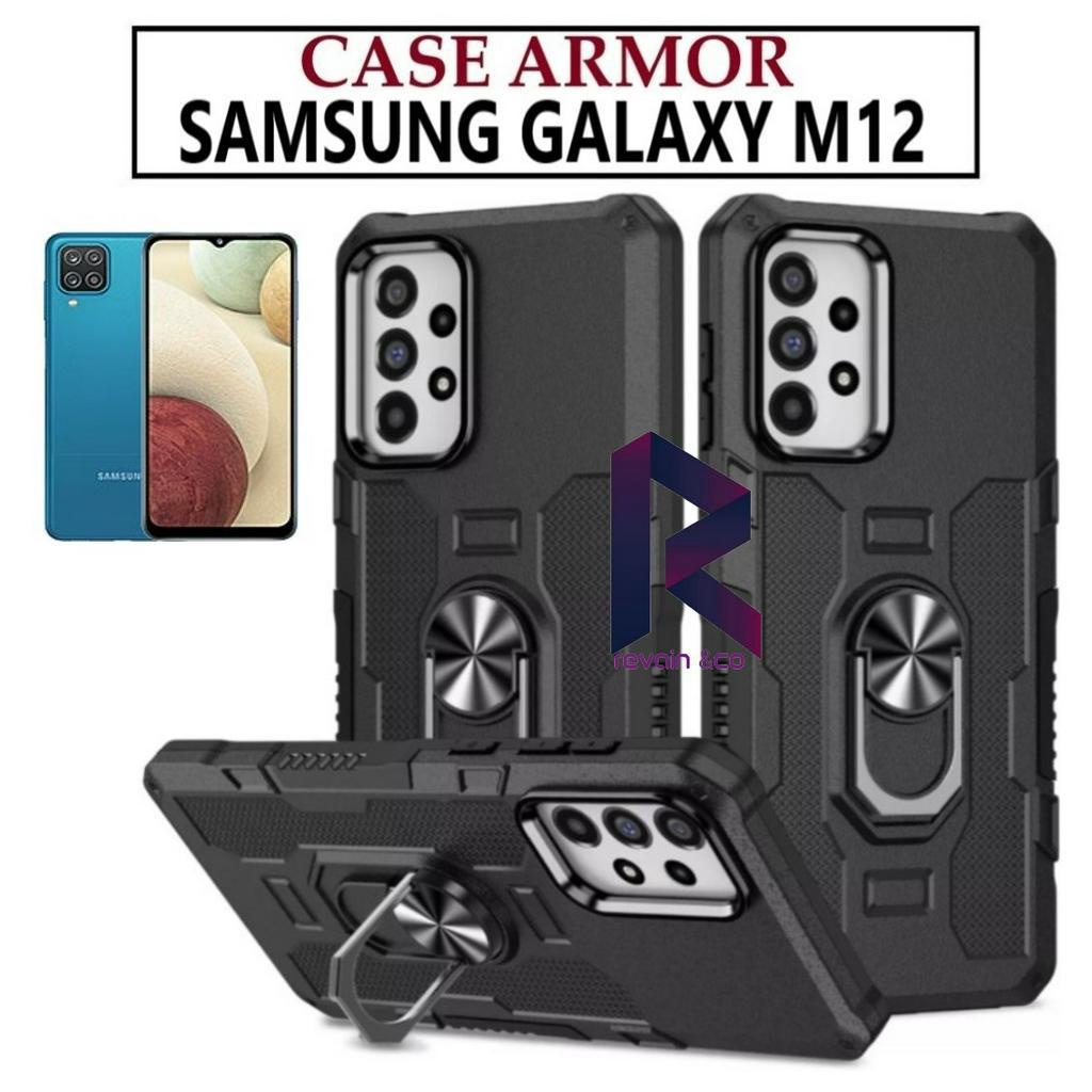 Case Armor SAMSUNG M12 Iring Cincin Magnetic Kesing Hp Protect kamera Premium Hard Case Standing Robot Pelindung Kamera