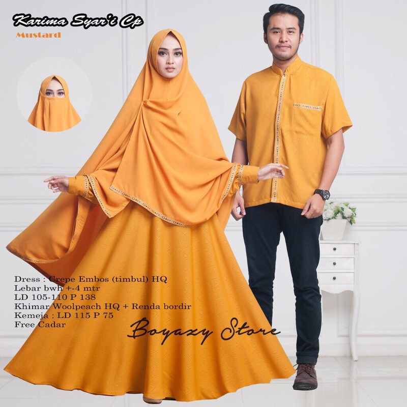 Gamis Couple Polos Suami Istri Karima Syari Ori Boyazy Crepe Emboss Wolpeach Renda Bordir Free Cadar