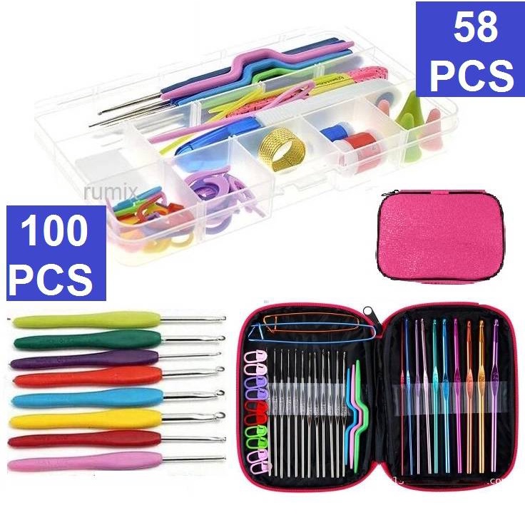 Jarum Rajut Set 58pcs 100pcs Set Alat Rajut Set Hakpen Set Perlengkapan Rajut Set BOX Tas