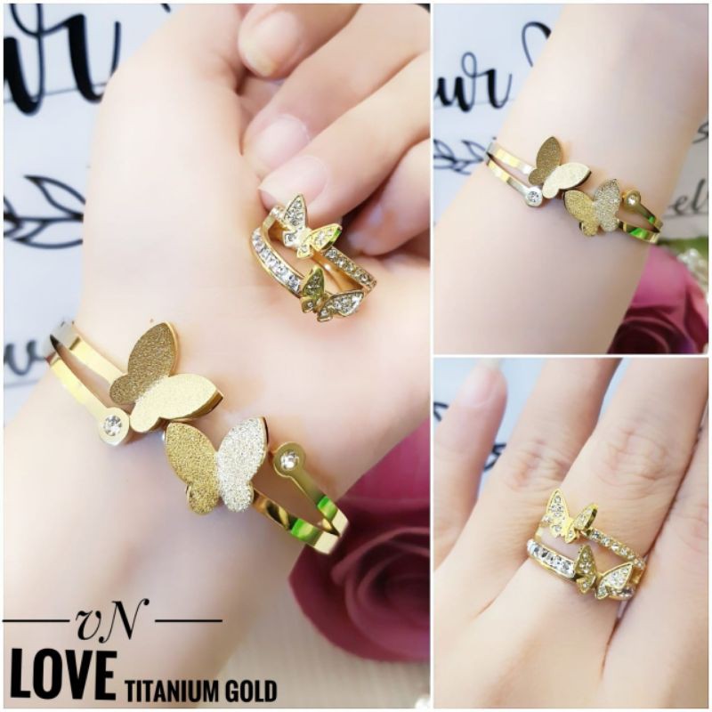 Titanium Gelang Dan Cincin Kupu Gold 0714n