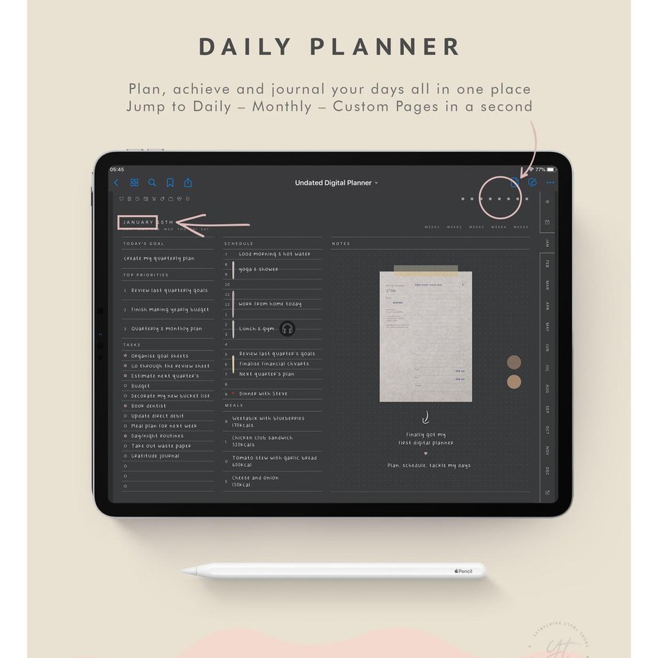 Digital Journal &amp; Planner - Undated Blackout Daily Planner for Goodnotes, Notability, Xodo, (Full Page Hyperlinked)