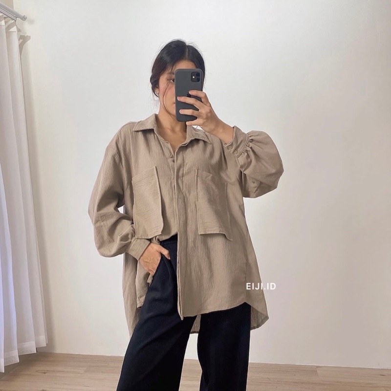 Kemeja Linen Crinkle Oversize - Gea Niki Top Shirt Lengan Panjang Wanita