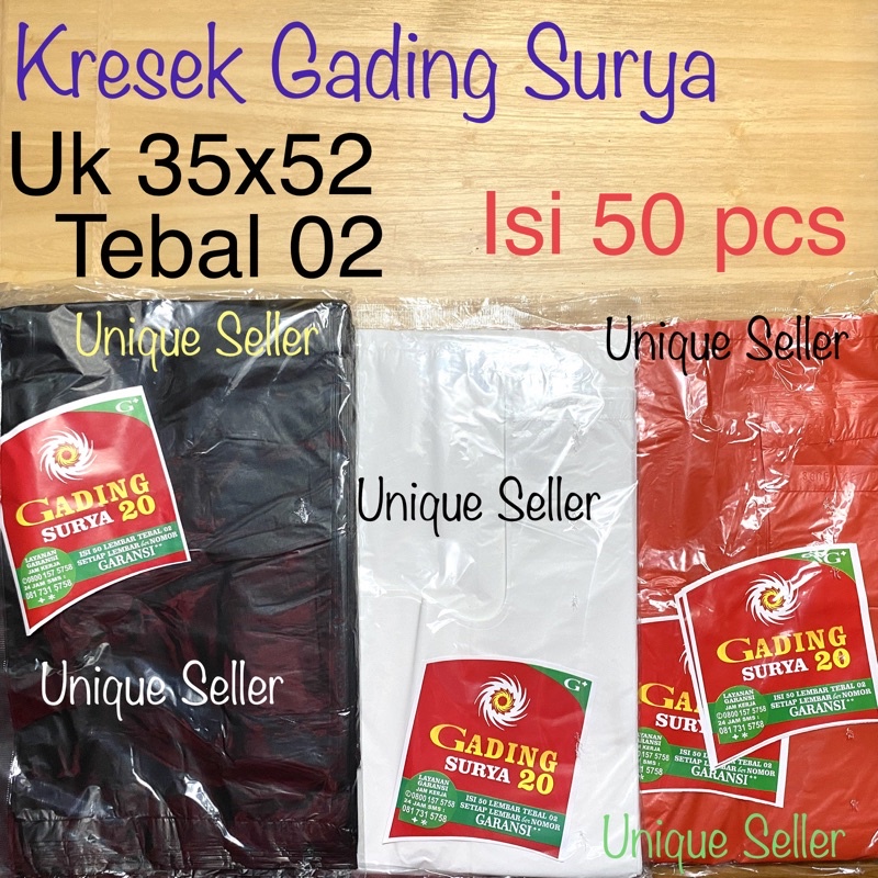 Kresek Gading 35x52 Tebal 02 isi 50 pcs / Kresek Uk 35 Merah Putih Hitam / Kantong Plastik Gading Surya 35x52 Tebal 02 / Kresek HD Gading Surya 35x52 x 02 / Kantong Kresek Gading Surya Uk 35 x 52 x 02