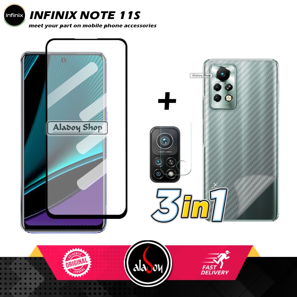 PAKET 3 IN 1 Tempered Glass Layar INFINIX NOTE 11S Free Tempered Glass Camera dan Skin Carbon