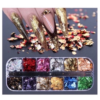 12 WARNA GOLD FOIL FLAKES / foil nail art flake acc nailart kertas foil nail art