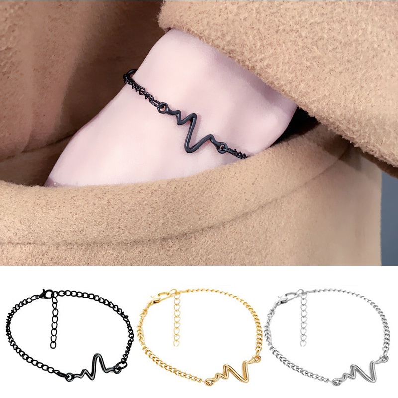 Gelang/Cincin/kalung Wanita Desain Kepribadian Yang Sederhana EKG Petir Pasangan Detak Jantung Gelang/Cincin Couple Hitam Rantai Bracelet-Won