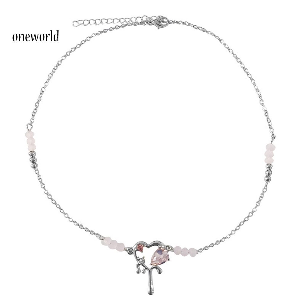 |Onwo Dress Mini Lengan Pendek Untuk Wanita| Kalung Choker Manik-Manik Bentuk Hati Bahan Cubic Zirconia Warna Pink Untuk Wanita