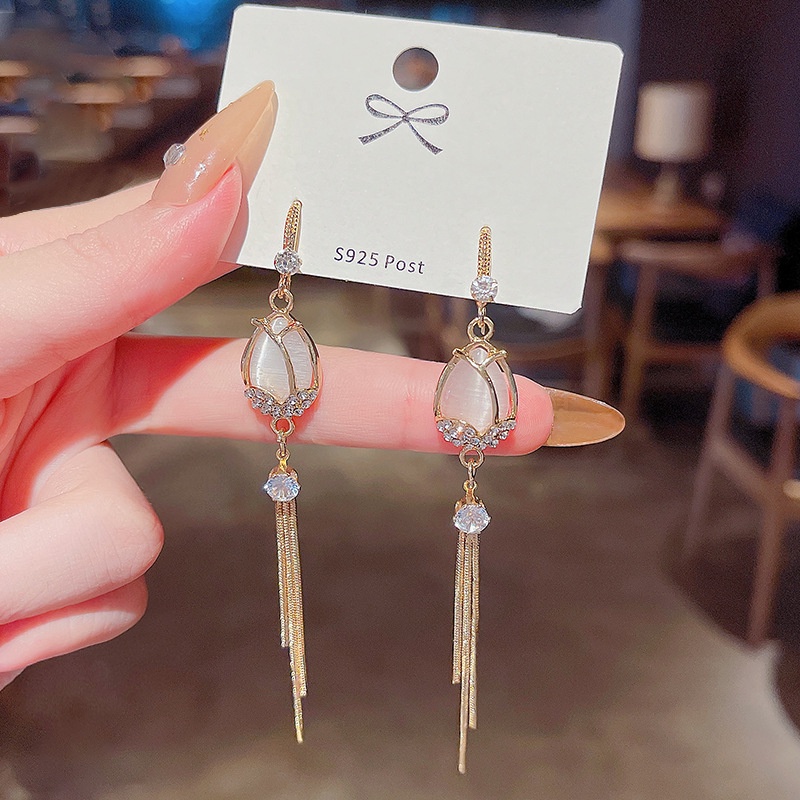 Shuling 925 Silver Needle Tulip Opal Earrings Female Long Tassel Earrings Fashion Earrings