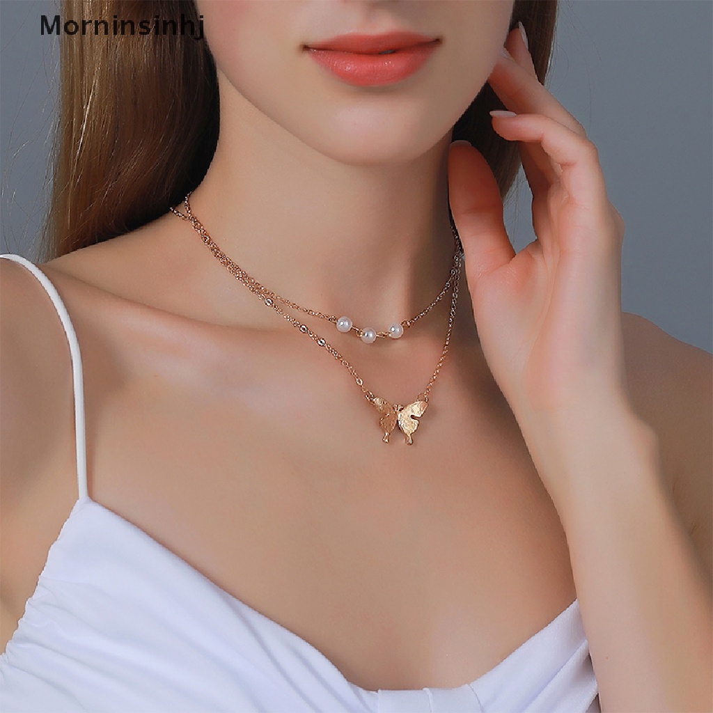 Mornin Fashion Kupu-Kupu Mutiara Liontin Kalung Klavikula Mutiara Rantai Berlapis Kalung id