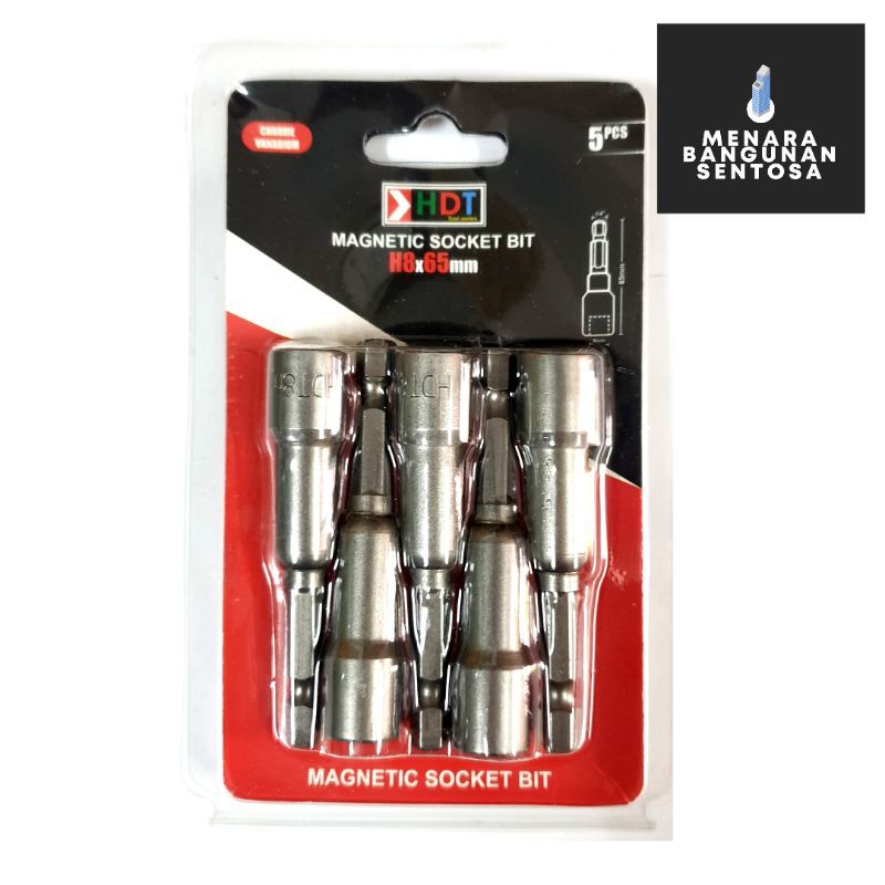 Magnetic Socket Bit Nut HDT 8x65 / Mata Kunci Bor Baut Roofing Set Isi 5 Pcs