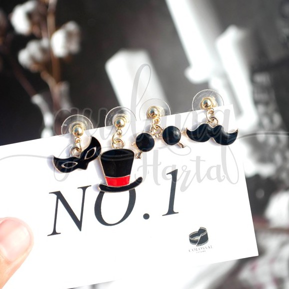 Anting Stud Gentlemen Set ISI 4 Earring Topi Kacamata Kumis Topeng  GH 203773