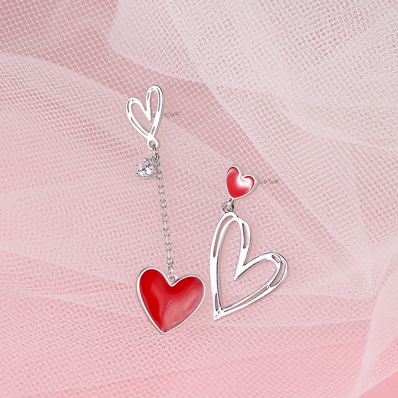 Fancyqube Anting Sterling Silver 925 Bentuk Hati Asimetris Warna Merah Untuk Wanita