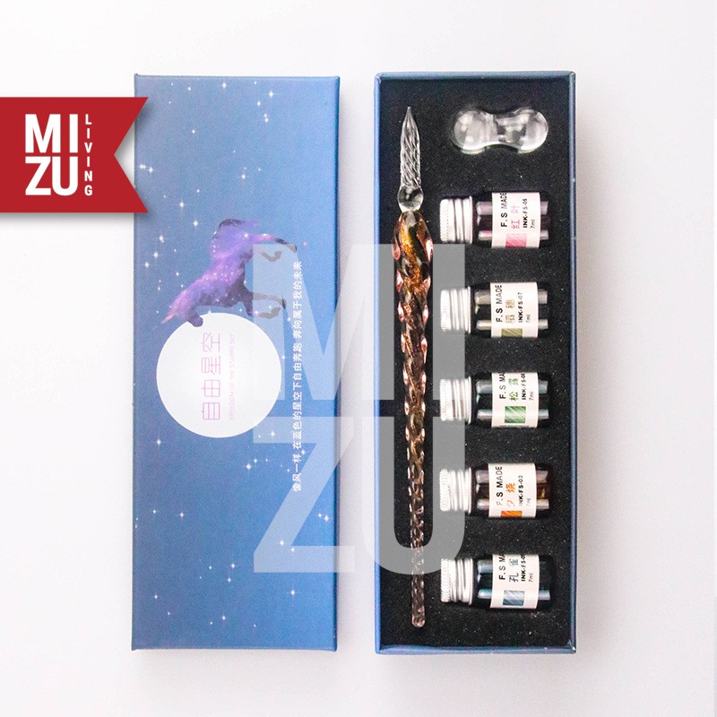 

qwe MIZU PENNA VETRO VI GLASS Dip Pen Kaca raphy Set 5 Gold Glitter INK Tinta Pen Pillow