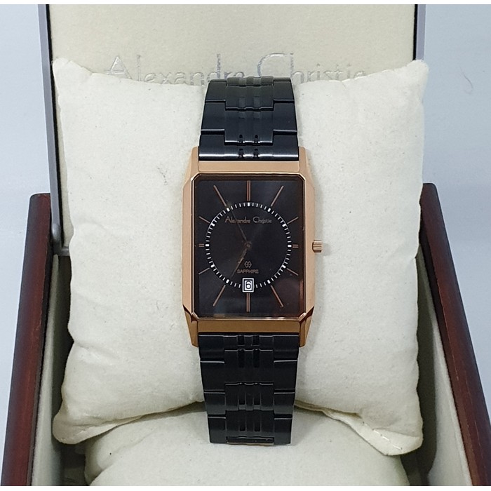 Alexandre Christie Ac8549 Rosegold Black Jam Tangan Unisex Kaca Saphire, Original