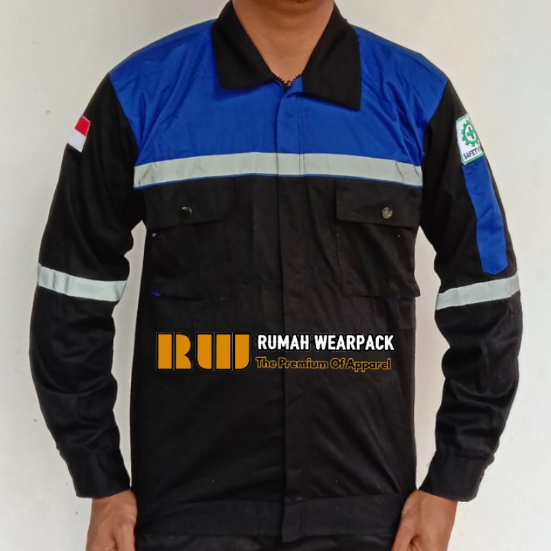 Baju Kerja/ Wearpack Proyek/ Seragam Kerja Atasan Warna Hitam Kombinasi Biru Benhur