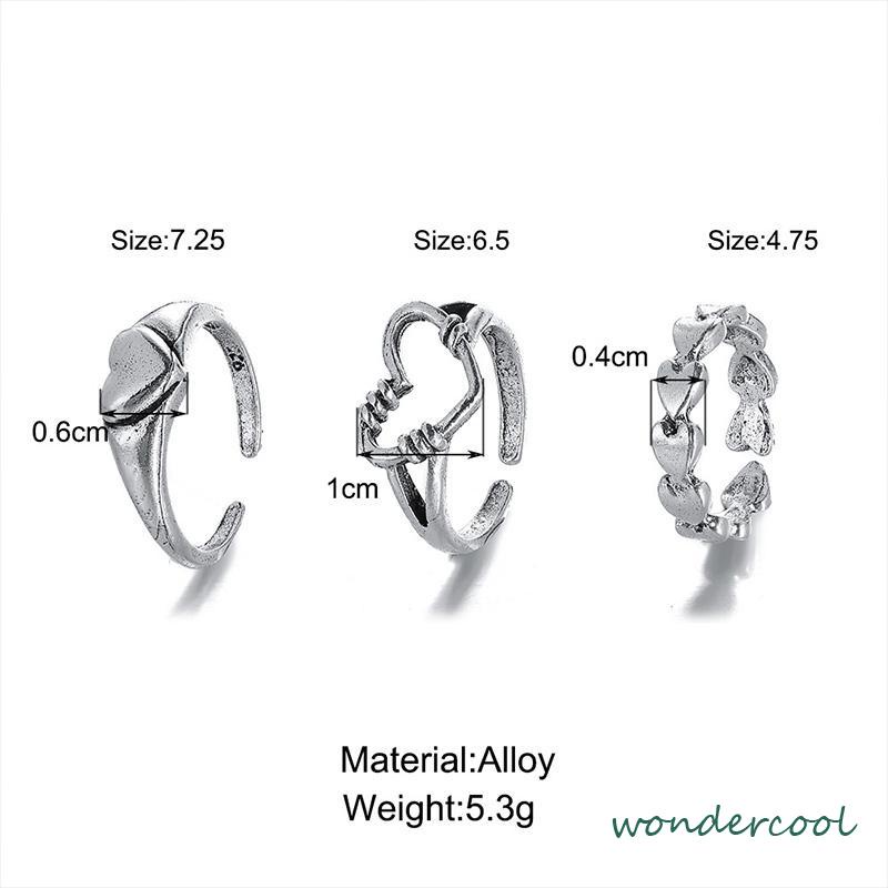 3pcs Cincin Model Terbuka Desain Gelombang Hati Warna Silver Gaya Vintage Untuk Wanita-Won