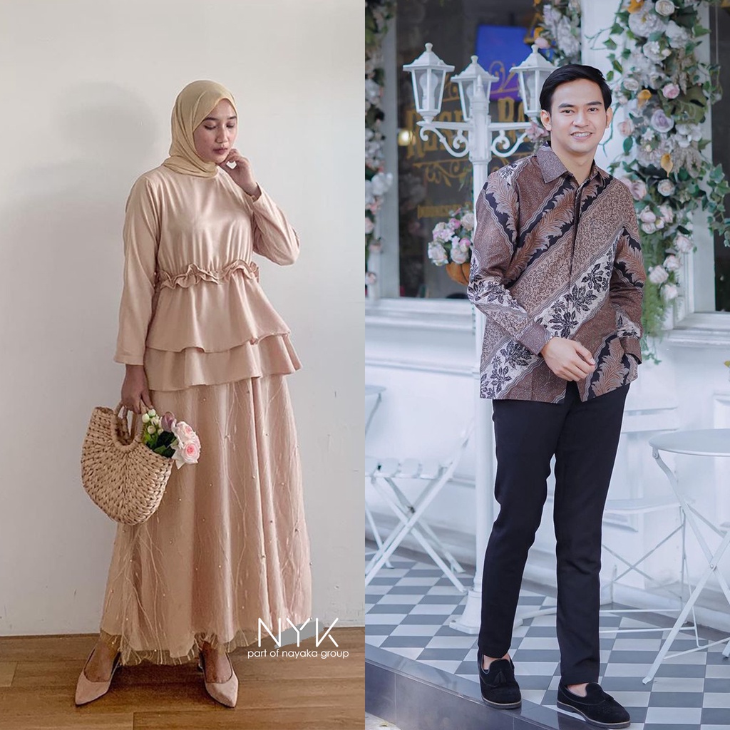 NEW ARRIVAL - Baju Couple Muslim Ghania Tile Mutiara / Couple Gamis Brukat / Dress Kondangan Pesta Modern / Baju Wisuda Kekinian / Couple Maxi Dress Bridesmaid