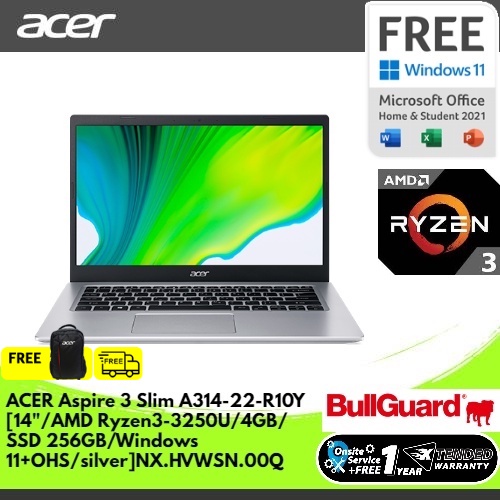 ACER ASPIRE 3 SLIM A314-22-R10Y [14"/AMD RYZEN3-3250U/4GB/SSD 256GB/WINDOWS 11+OHS/SILVER]NX.HVWSN.00Q