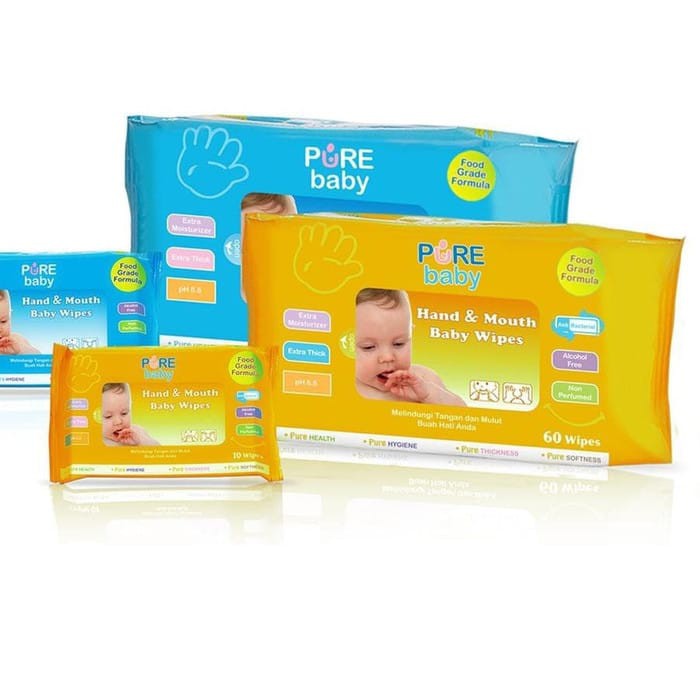 PURE BABY HAND &amp; AND MOUTH BABY WIPES 60 ALOE VERA CHAMOMILE