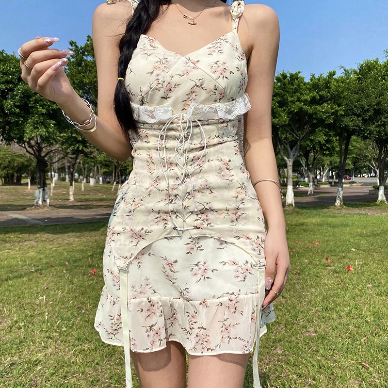 dress korean style [48 hours delivery] French pastoral style floral suspender skirt strappy high wai