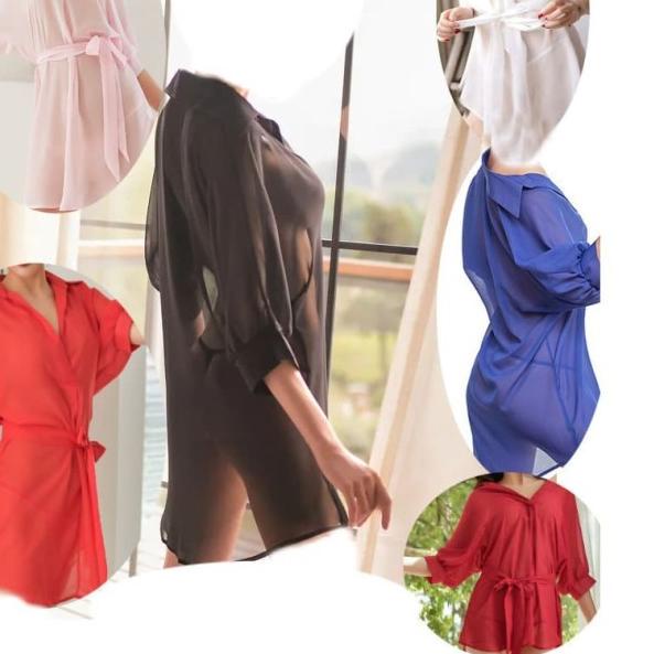 ☟ Piyama Kemeja transparan Lingerie Wanita Set kimono baju tidur A322 - Putih, L ☪