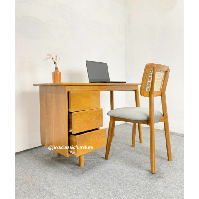 1 SET KURSI MEJA KERJA KANTOR MEJA LAPTOP KOMPUTER BELAJAR ANAK SEKOLAH MINIMALIS LACI 3 BAHAN KAYU JATI NATURAL VINTAGE MURAH-2