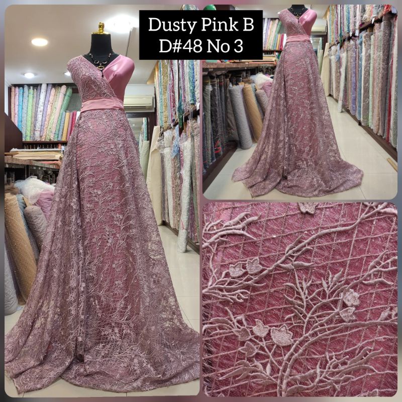 Kain Tile Brokat 3D Benang Silang Motif Bunga Akar D#48 No 3 Dusty Pink B