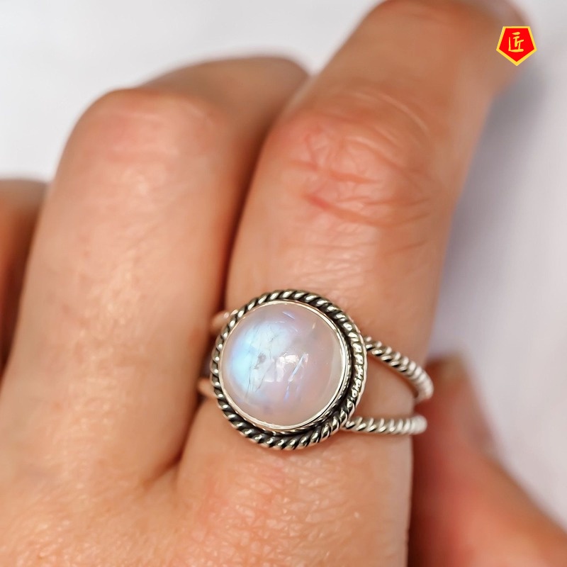 [Ready Stock]Round Moonstone Ring Vintage Silver Exaggerated Punk