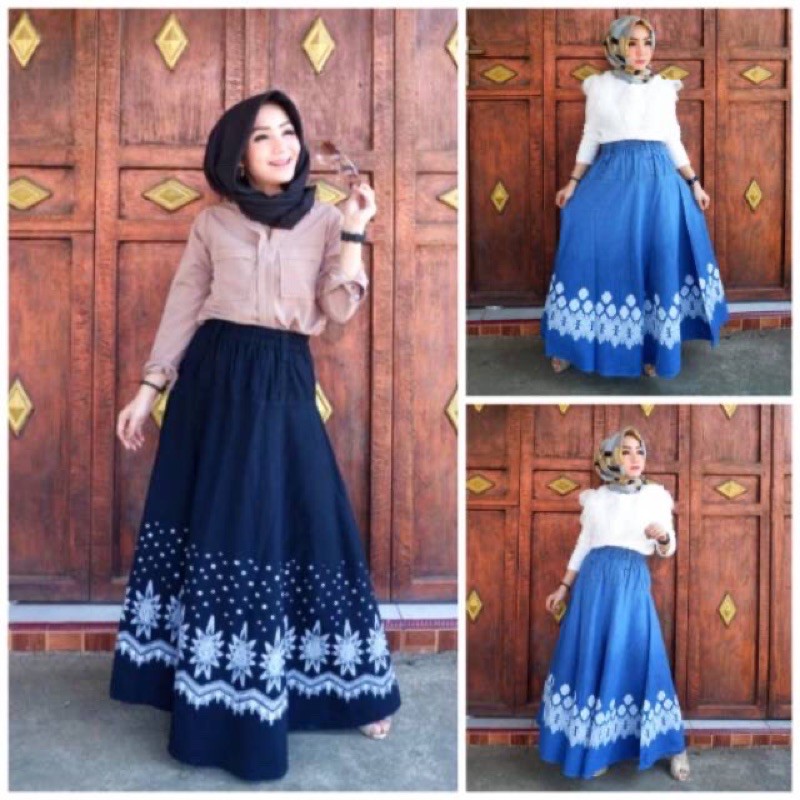 Rok jeans wanita rok payung panjang denim rok hijab rok