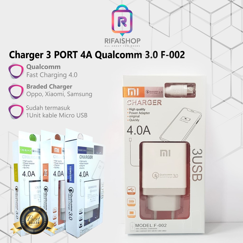 Charger BRANDED 3USB PORT 4A F-002 Qualcomm 3.0 Samsung/ Xiaomi/ Oppo