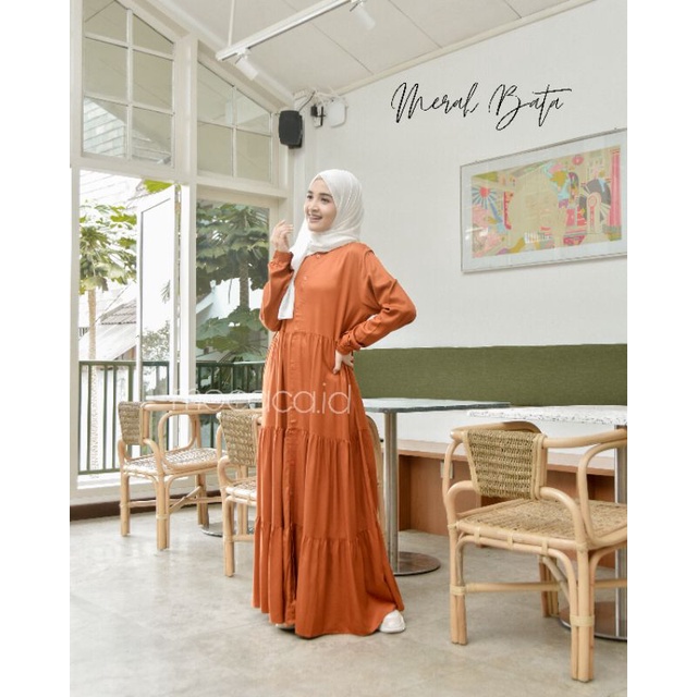 Gamis polos premium Babydoll Lady Dress Rayon Twill Armany Full Kancing busui orange merah bata oren