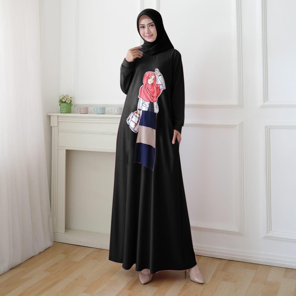 Gamis Wanita Motif Print Hijabers bahan Babytery Adem / Dress Wanita model Maxi SALE HOPYLOVY