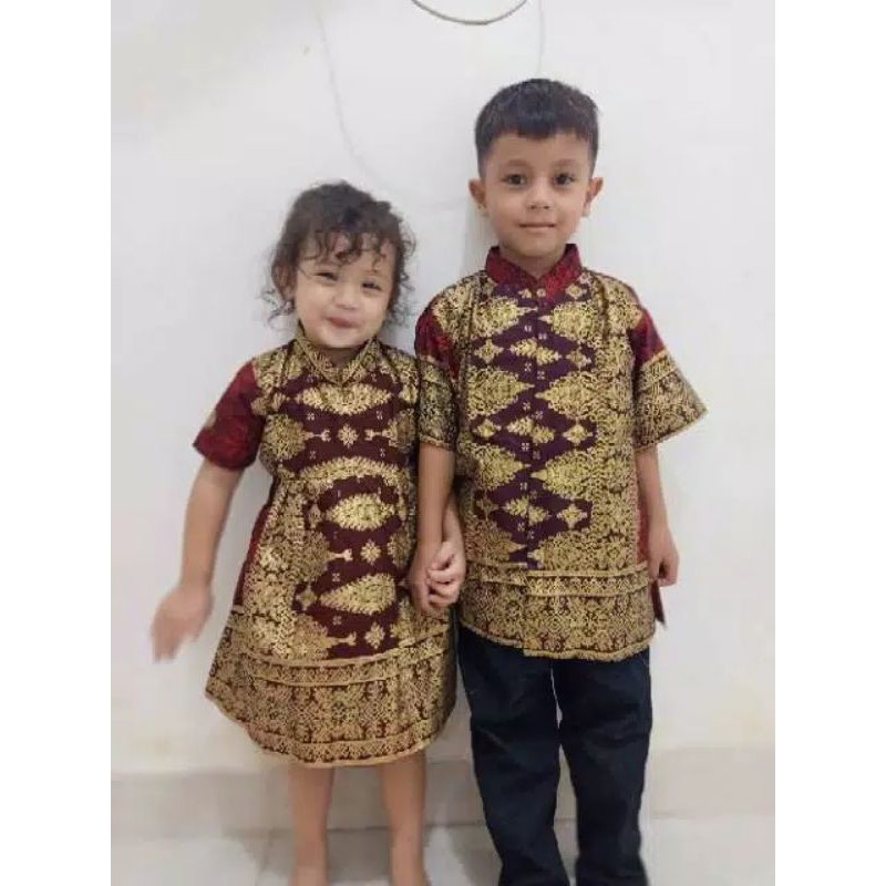 setelan couple batik songket palembang maron gold