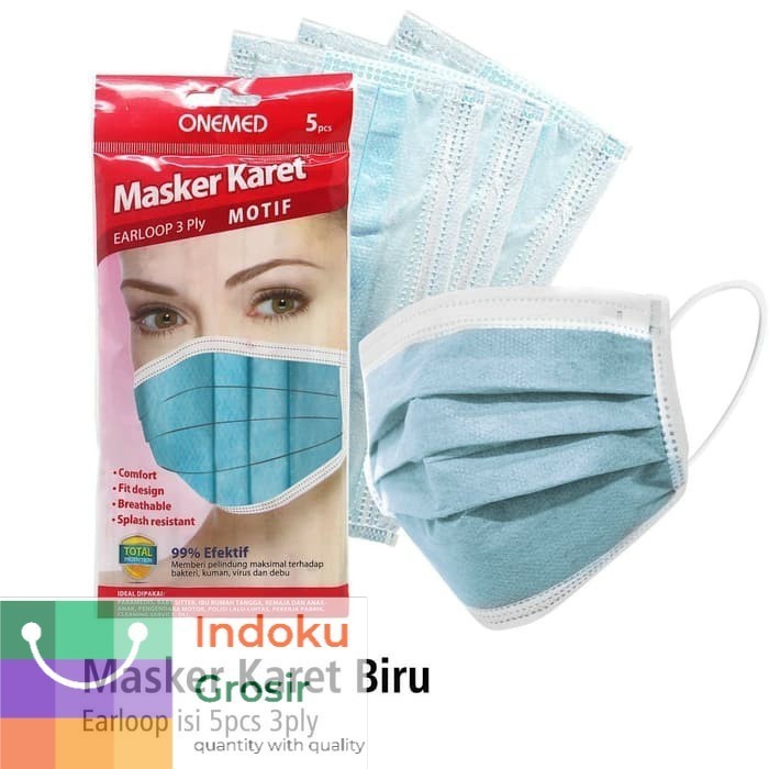 ONEMED MASKER KARET OTC 3PLY 5'S BIRU EARLOOP / MASKER ONEMED GROSIR