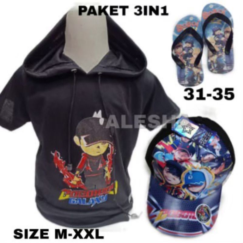 baju anak usia 2-10 tahun, topi dan sendal karakter Free fire boboiboy 3in1