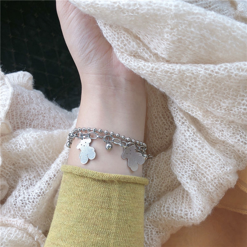 Gelang Rantai Charm Dua Layer Desain Beruang Bahan Tembaga Warna Silver