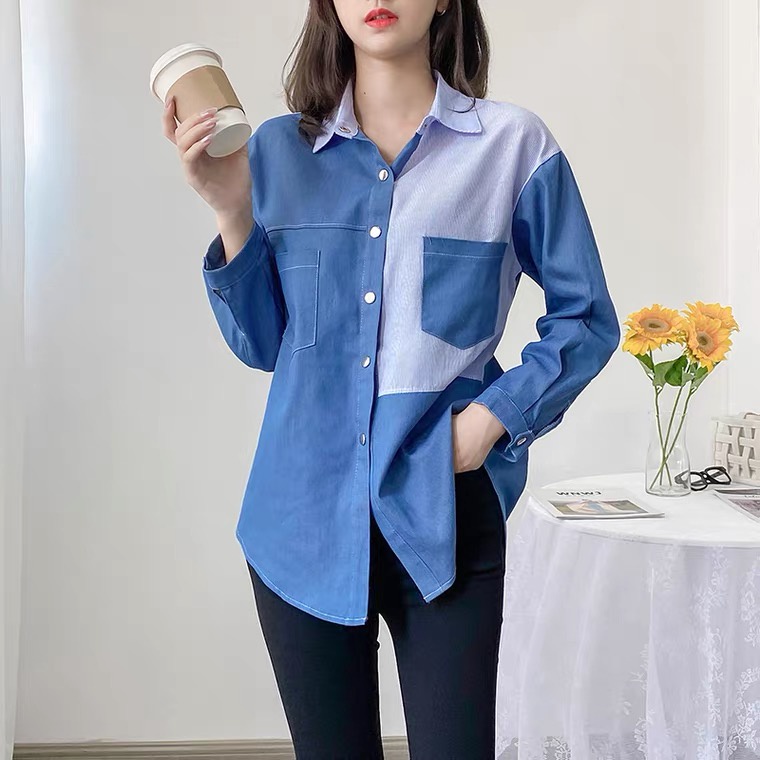 Korean Two Tone Denim Shirt / Atasan Kemeja Wanita Import Denim