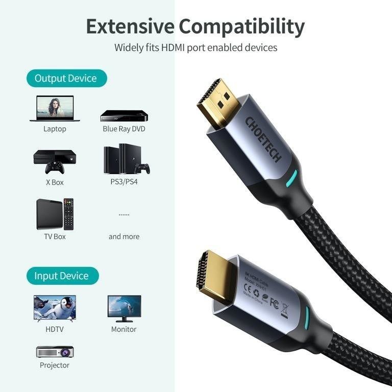 CHOETECH Kabel HDMI ke HDMI 2.1 Gold Plated 8K 60Hz 2 Meter - XHH01 - Black