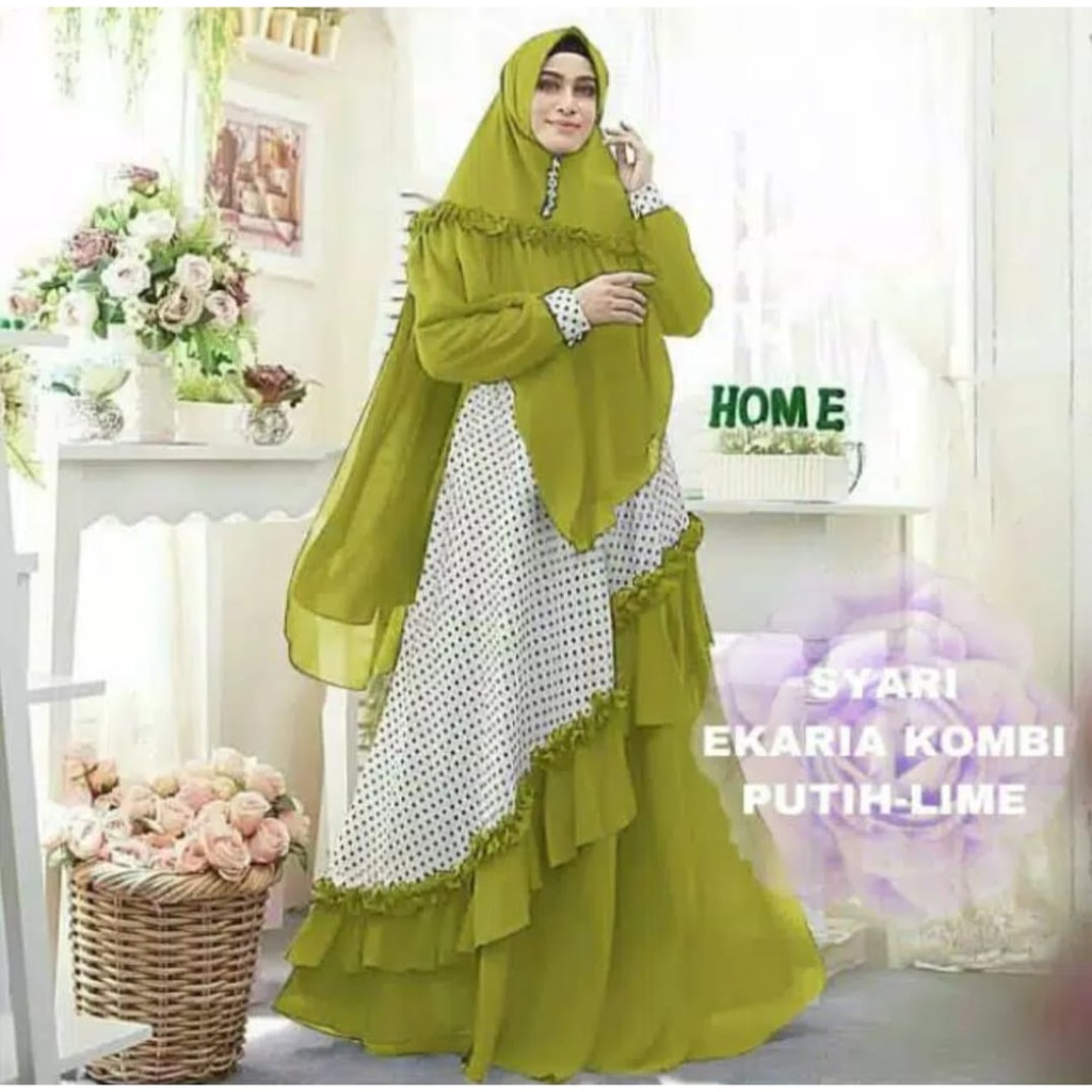 SYARI EKARIA POLKA KOMBI PUTIH / GAMIS RAMPLE / FASHION WANITA