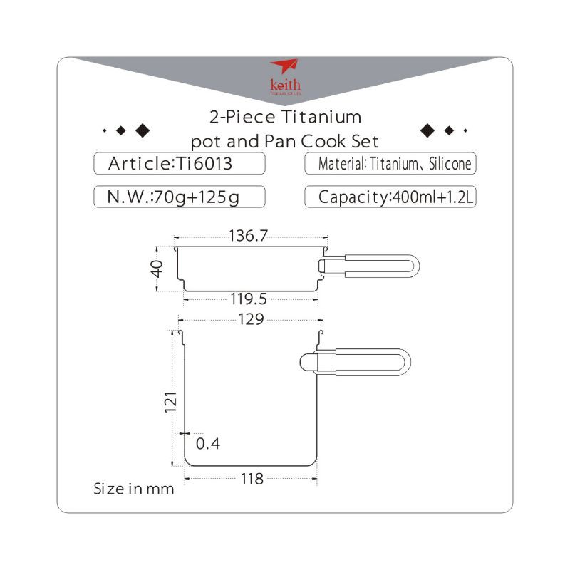 Keith titanium Ti6013 pot 1.2L 1200ml frying pan 400ml Ultralight camping