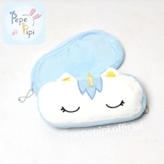 Kotak Pensil Plushy Unicorn Pastel Tempat Pensil Plush Wadah Pensil Kostak Pouch Makeup Kosmetik-Biru