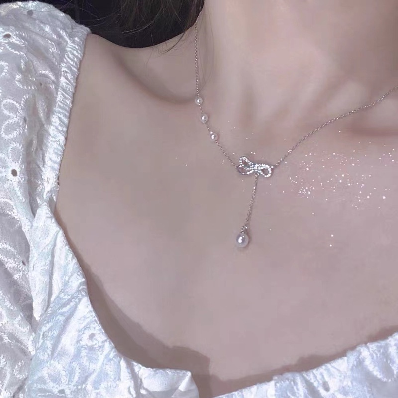 Kalung Mutiara Zircon Bentuk Pita Gaya Korea