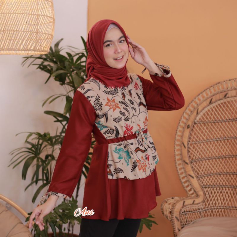 [COD] tey-17 Batik wanita ASJ SA HRB026 Kenongo Kemeja Tosca Pendek Jumputan Kombinasi-Blouse melati maroon