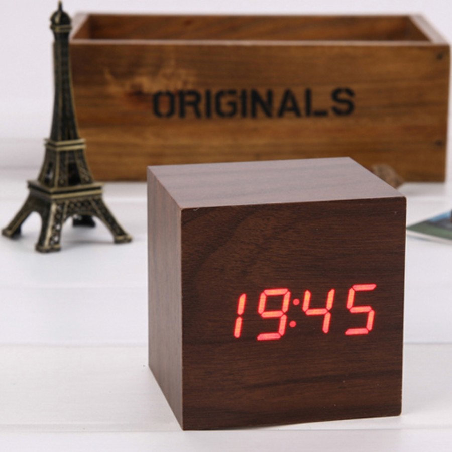 Jam Weker Jam Meja Digital Display Thermometer Wooden Alarm