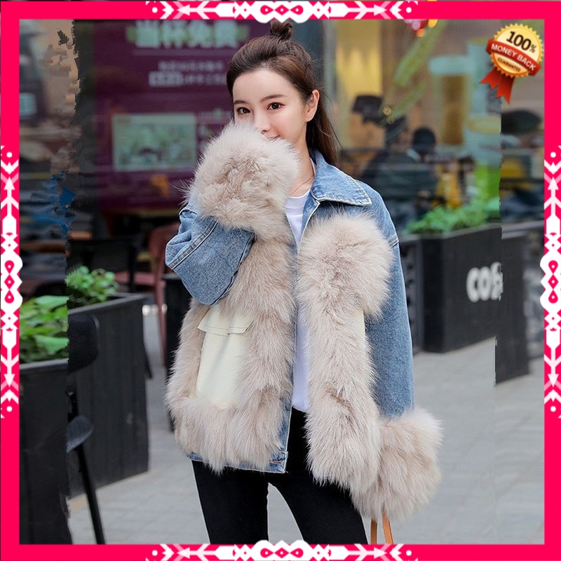 Jaket Denim Wanita Korea Winter  Women Faux Fur Patchwork Denim Parkas Loose Casual Big Pocket Cotto