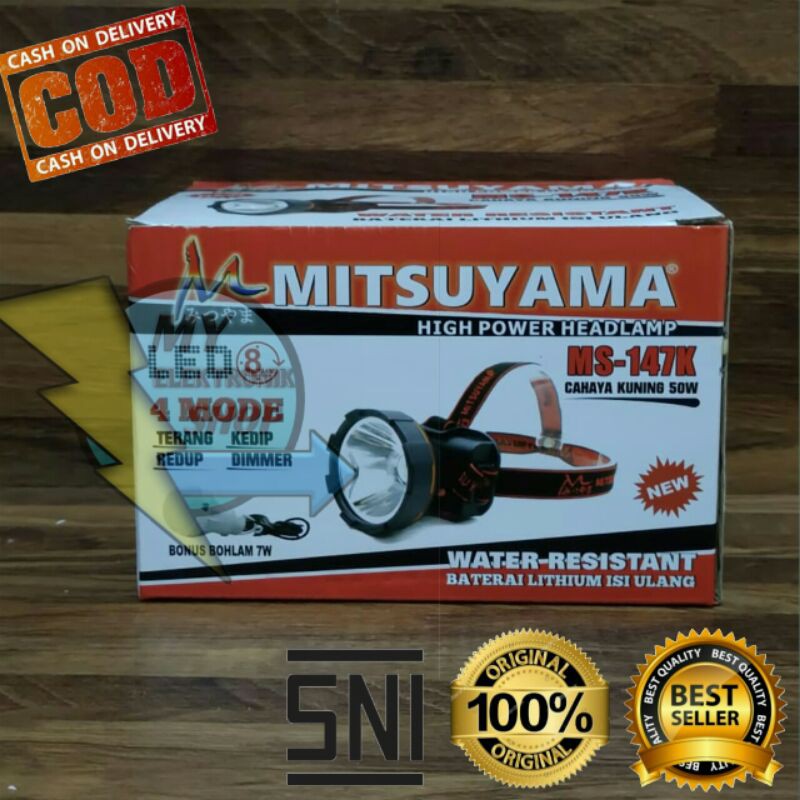 Senter Kepala 50Watt LED Cahaya Kuning MITSUYAMA Headlamp LED 50W Senter kepala Dimmer Water Resistant Ms-147K Free bohlam